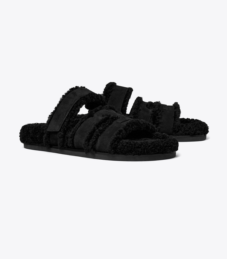 Tory Burch designer sandals Ines Shearling Sport Slide in PERFECT BLACK / BLACK angle