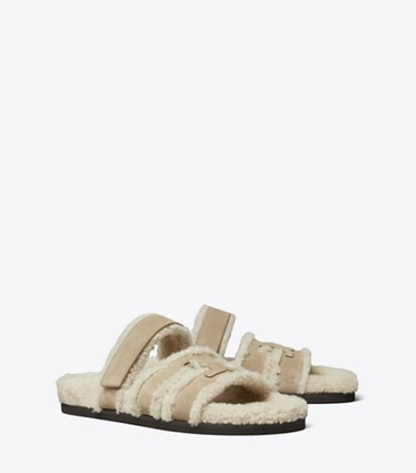 Tory Burch designer sandals Ines Shearling Sport Slide in NOISETTE / TAUPE angle