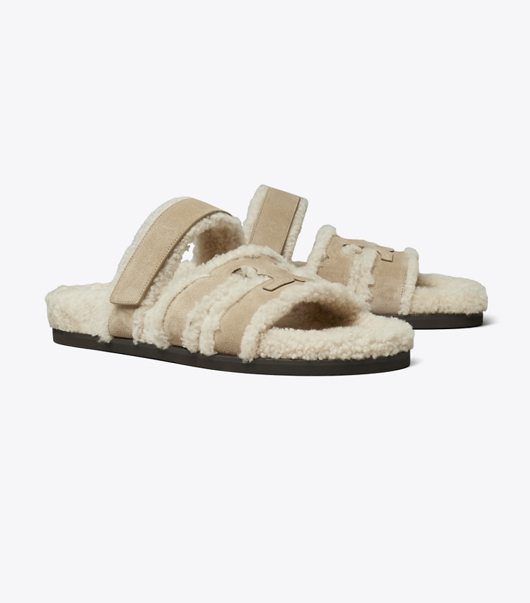Tory Burch designer sandals Ines Shearling Sport Slide in NOISETTE / TAUPE angle