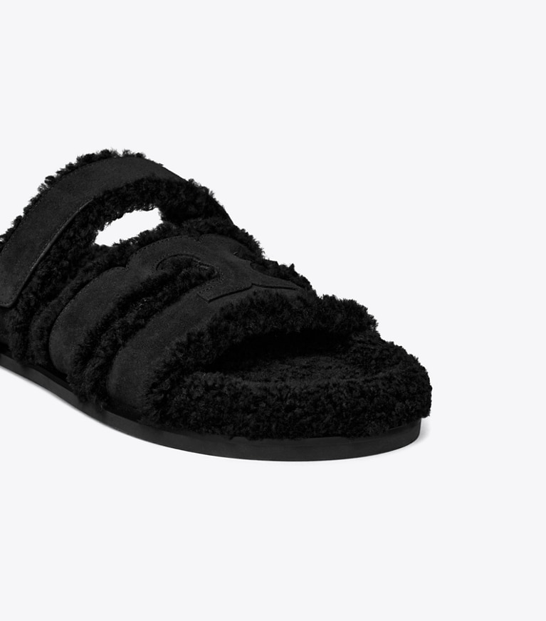 Tory Burch designer sandals Ines Shearling Sport Slide in PERFECT BLACK / BLACK detail