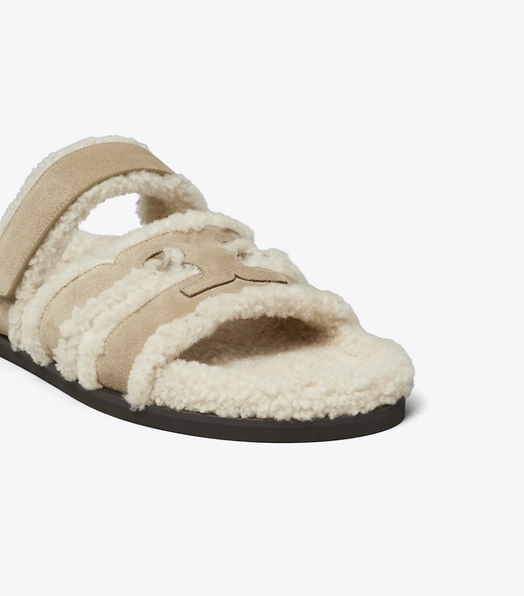 Tory Burch designer sandals Ines Shearling Sport Slide in NOISETTE / TAUPE detail