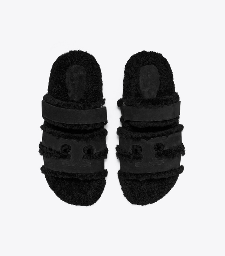 Tory Burch designer sandals Ines Shearling Sport Slide in PERFECT BLACK / BLACK overhead