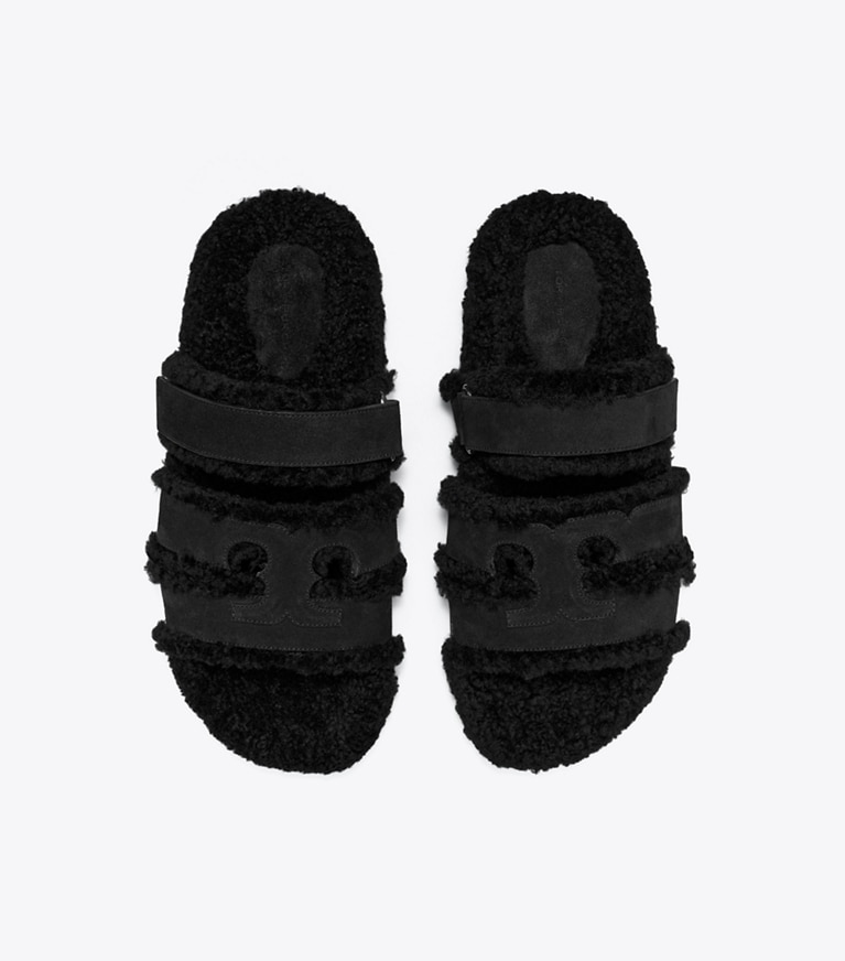 Tory Burch designer sandals Ines Shearling Sport Slide in PERFECT BLACK / BLACK overhead