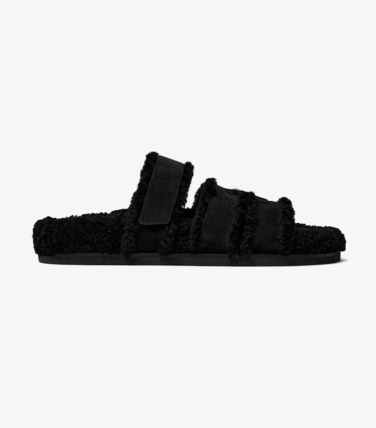 Tory Burch designer sandals Ines Shearling Sport Slide in PERFECT BLACK / BLACK side