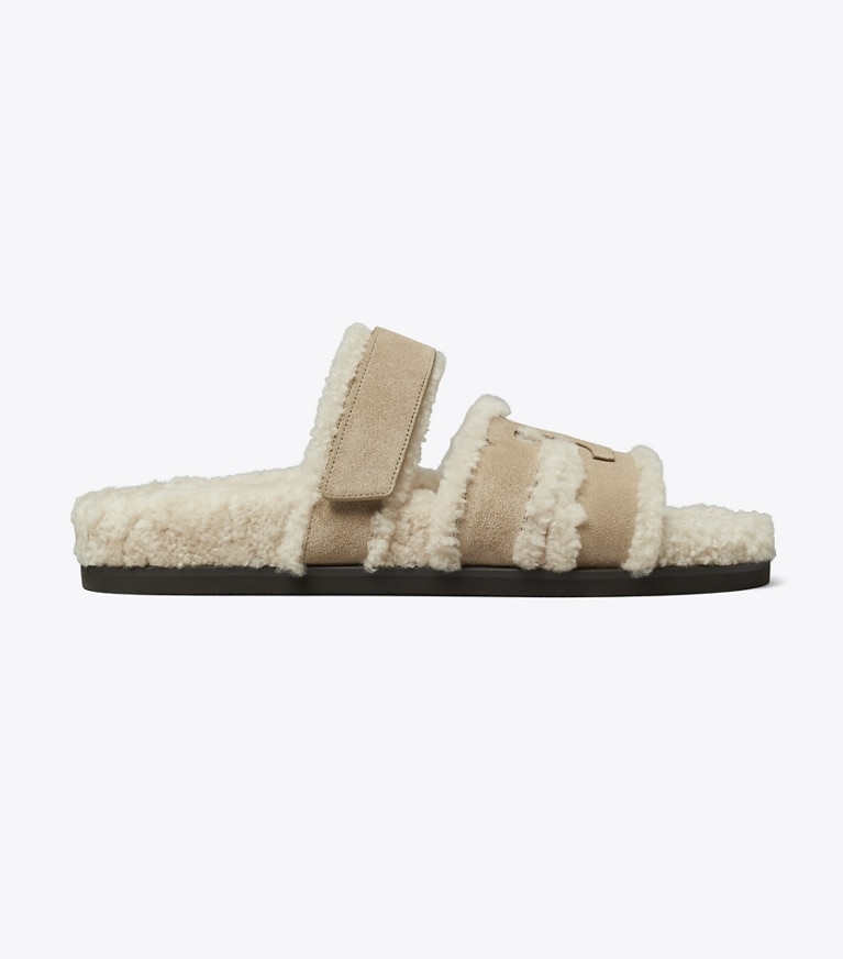 Tory Burch designer sandals Ines Shearling Sport Slide in NOISETTE / TAUPE angle