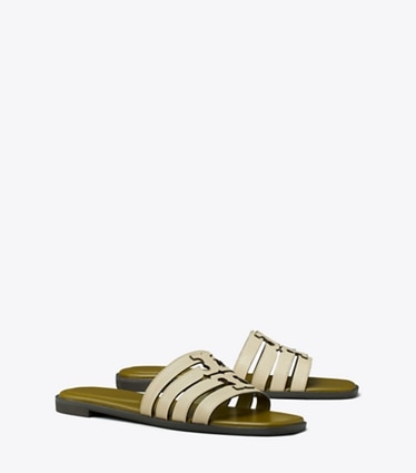 Tory Burch designer sandals Ines Slide in STONE GRAY / KHAKI OLIVE angle