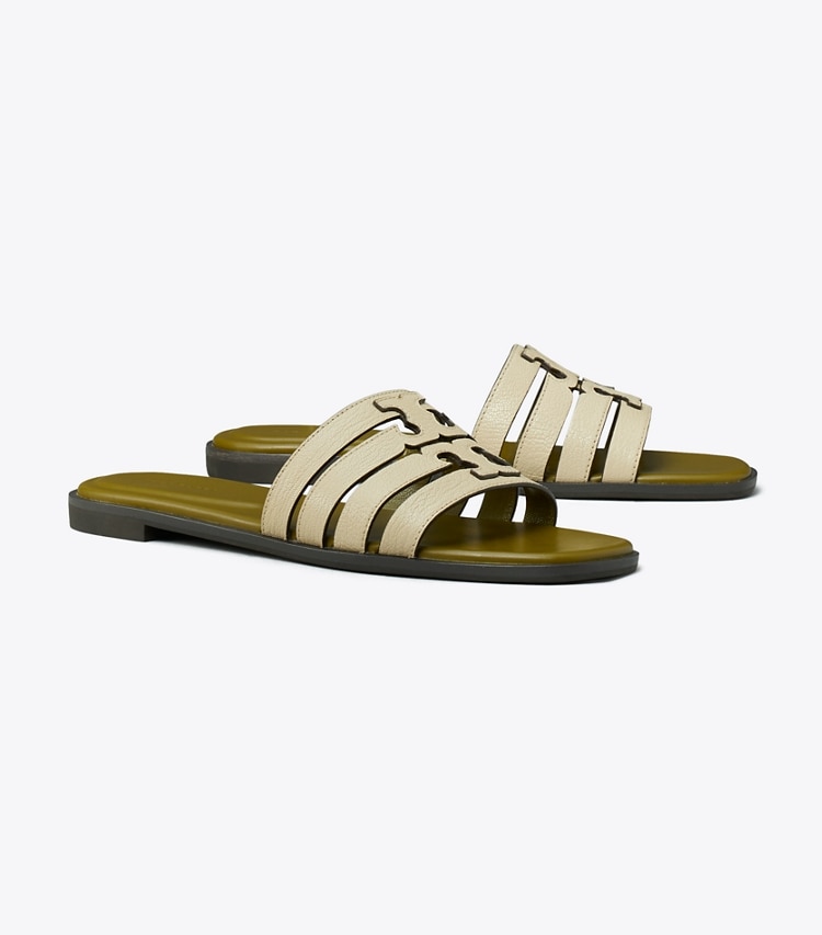 Tory Burch designer sandals Ines Slide in STONE GRAY / KHAKI OLIVE angle