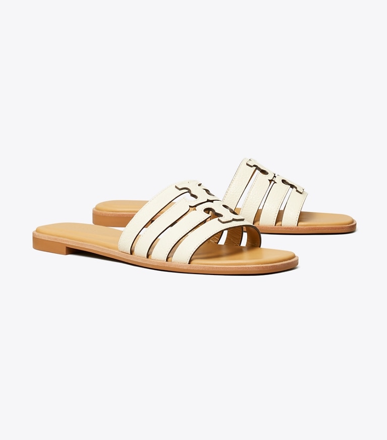 Tory Burch designer sandals Ines Slide in LIGHT CREAM / GINGER SHORTBREAD angle