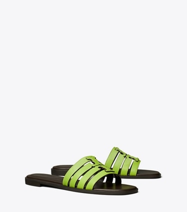 Tory Burch designer sandals Ines Slide in LIGHT CHARTREUSE / COCOA angle