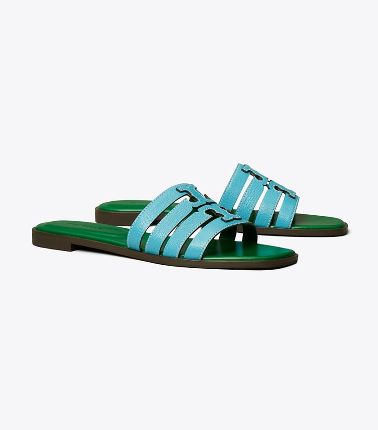 Tory Burch designer sandals Ines Slide in SKY LIGHT / SPRING FOREST angle
