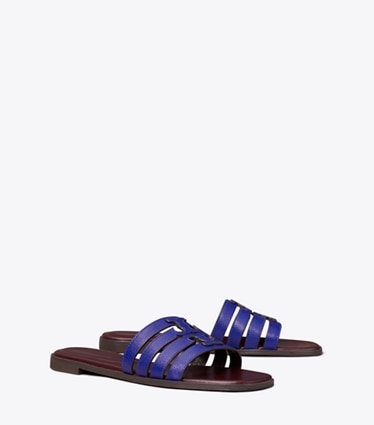 Tory Burch designer sandals Ines Slide in ULTRA MARINE BLUE / PLUM angle