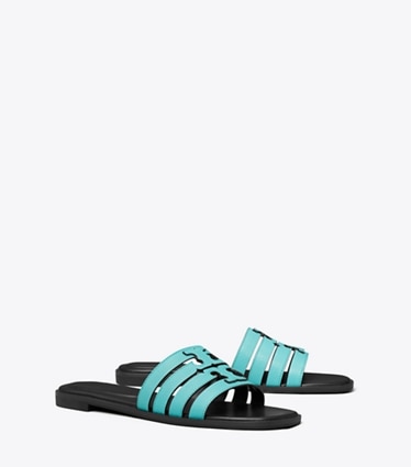 Tory Burch designer sandals Ines Slide in AQUA TEAL / COCOA angle
