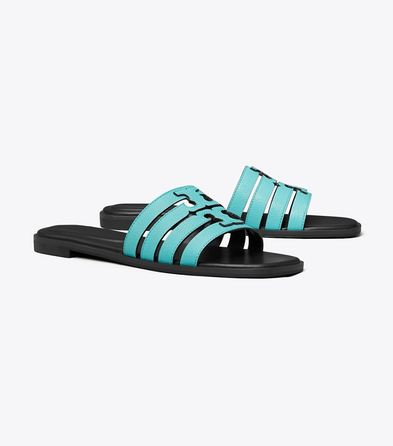 Tory Burch designer sandals Ines Slide in AQUA TEAL / COCOA angle