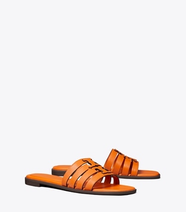 Tory Burch designer sandals Ines Slide in ORANGE CITRINE / ORANGE CITRINE angle