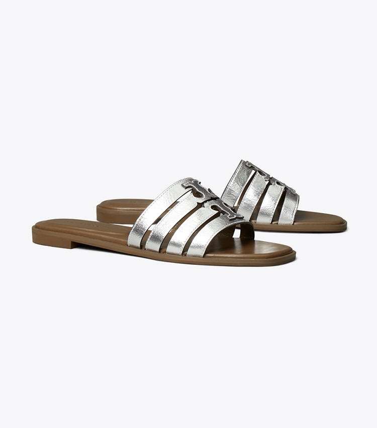 Tory Burch designer sandals Ines Slide in SILVER / WILD MUSHROOM angle