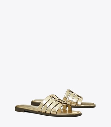Tory Burch designer sandals Ines Slide in SPARK GOLD / SPARK GOLD angle