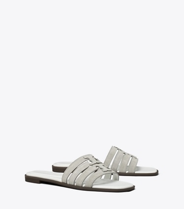 Tory Burch designer sandals Ines Slide in LOUTRE GRAY / CLOUD angle