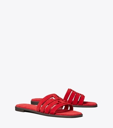 Tory Burch designer sandals Ines Slide in TOUCAN RED / TOUCAN RED angle