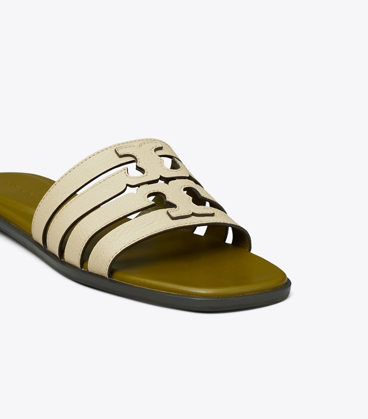 Tory Burch designer sandals Ines Slide in STONE GRAY / KHAKI OLIVE detail