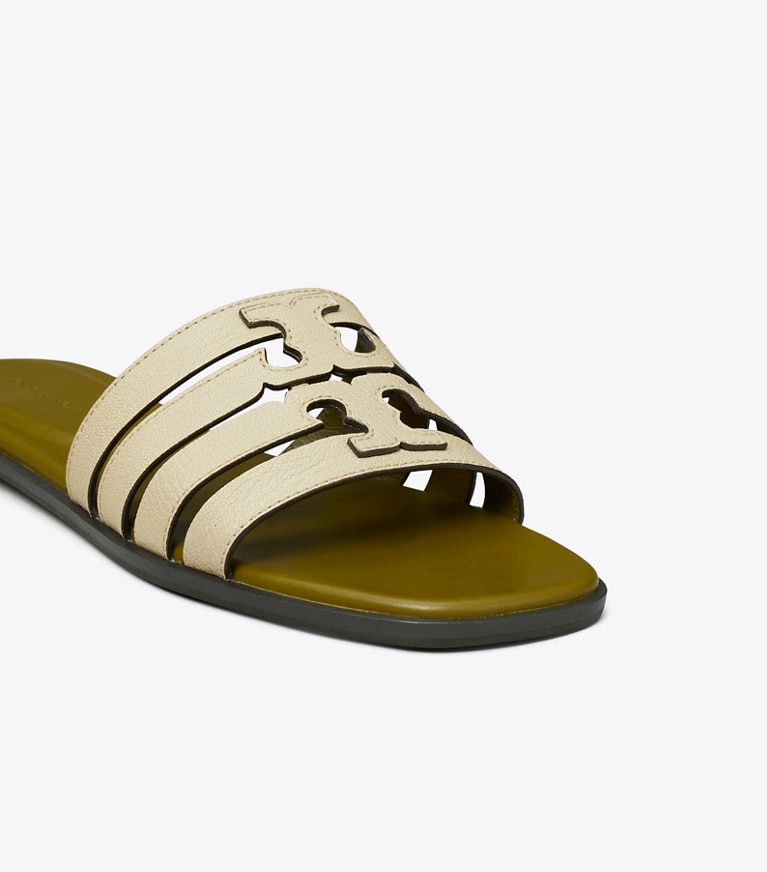 Tory Burch designer sandals Ines Slide in STONE GRAY / KHAKI OLIVE detail