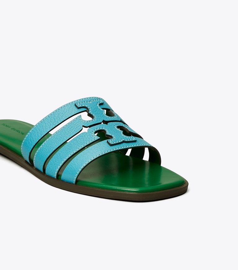 Tory Burch designer sandals Ines Slide in SKY LIGHT / SPRING FOREST angle