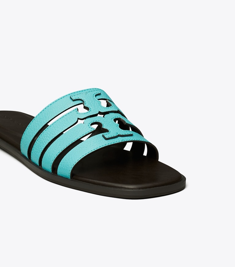 Tory Burch designer sandals Ines Slide in AQUA TEAL / COCOA detail