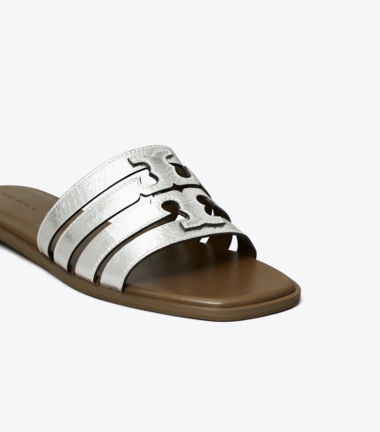 Tory Burch designer sandals Ines Slide in SILVER / WILD MUSHROOM detail