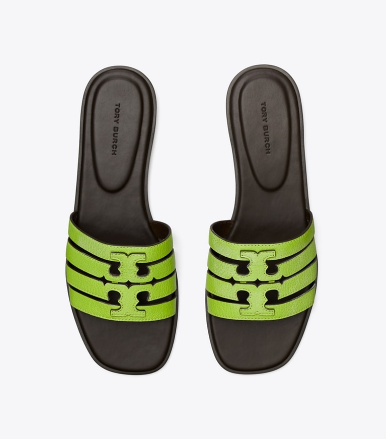Tory Burch designer sandals Ines Slide in LIGHT CHARTREUSE / COCOA angle