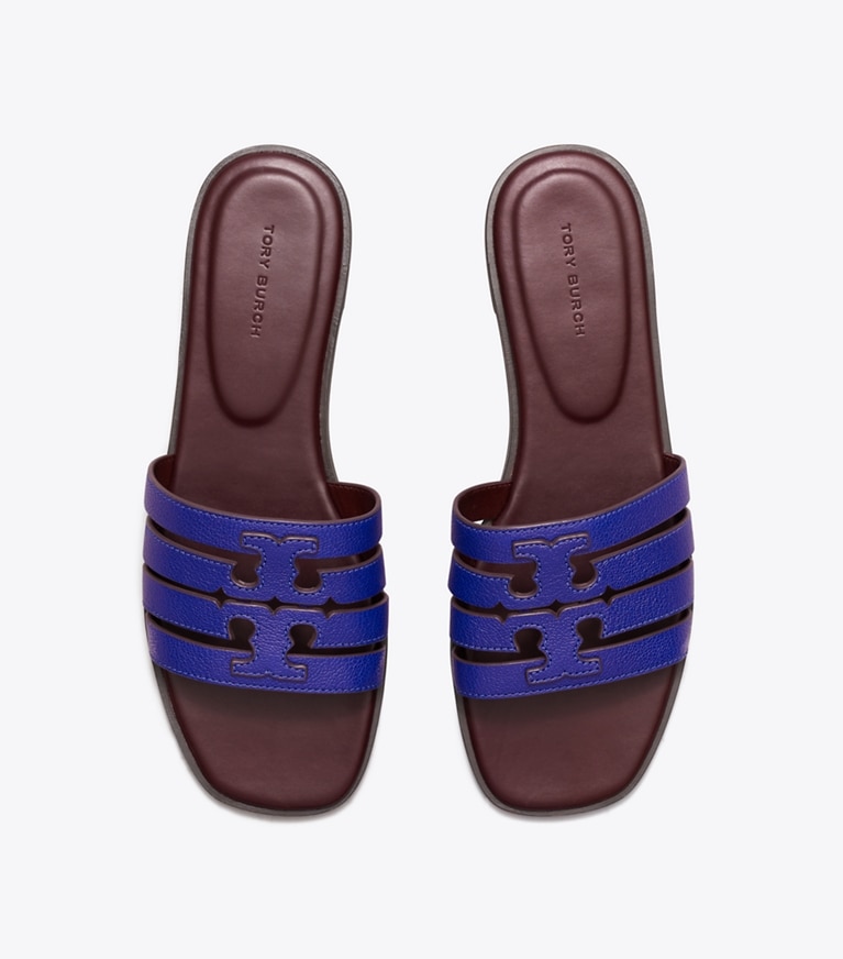 Tory Burch designer sandals Ines Slide in ULTRA MARINE BLUE / PLUM angle