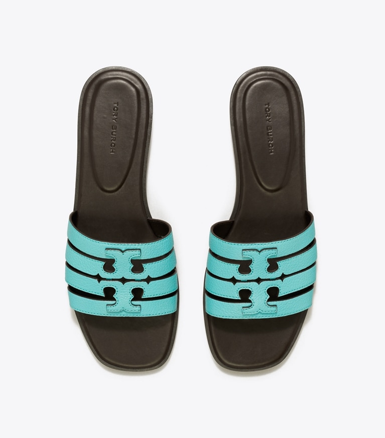 Tory Burch designer sandals Ines Slide in AQUA TEAL / COCOA overhead