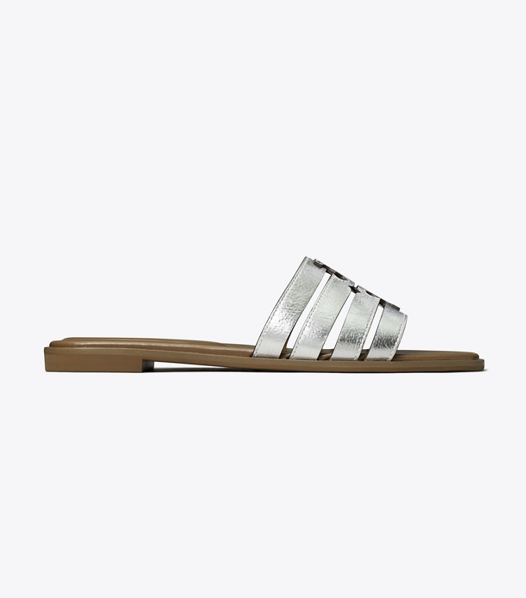 Tory Burch designer sandals Ines Slide in SILVER / WILD MUSHROOM side