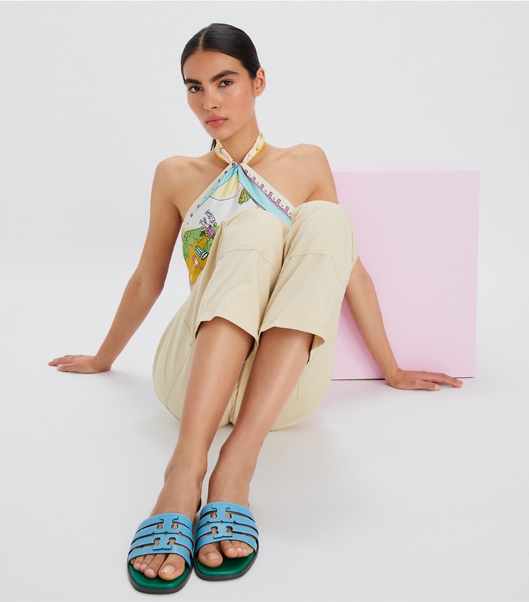 Tory Burch designer sandals Ines Slide in SKY LIGHT / SPRING FOREST studio