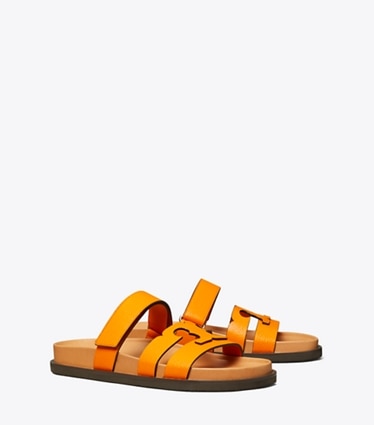 Tory Burch designer sandals Ines Sport Slide in VERANO ORANGE / CAMELLO angle