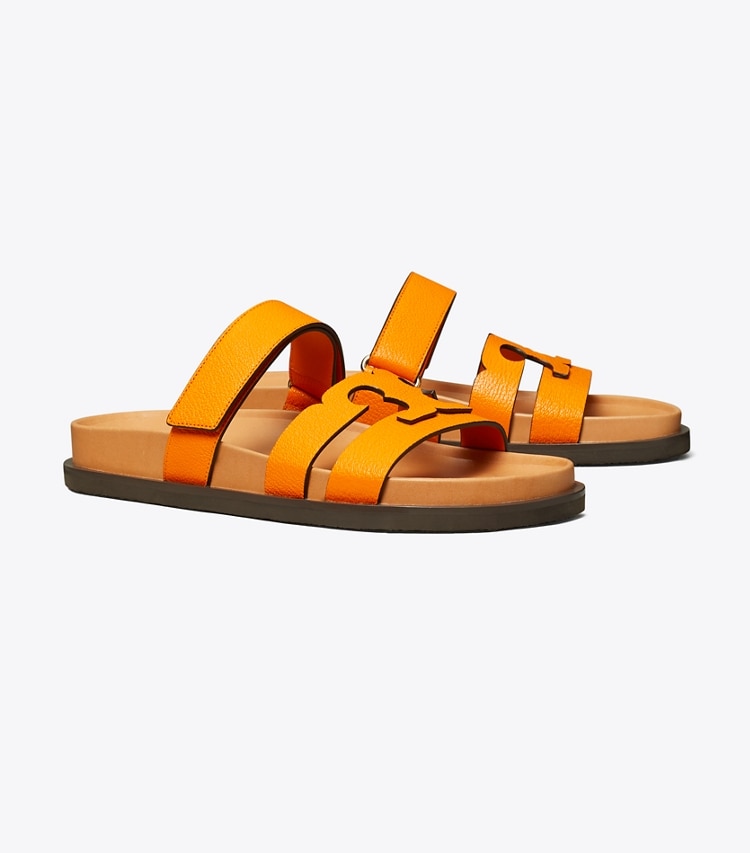 Tory Burch designer sandals Ines Sport Slide in VERANO ORANGE / CAMELLO angle