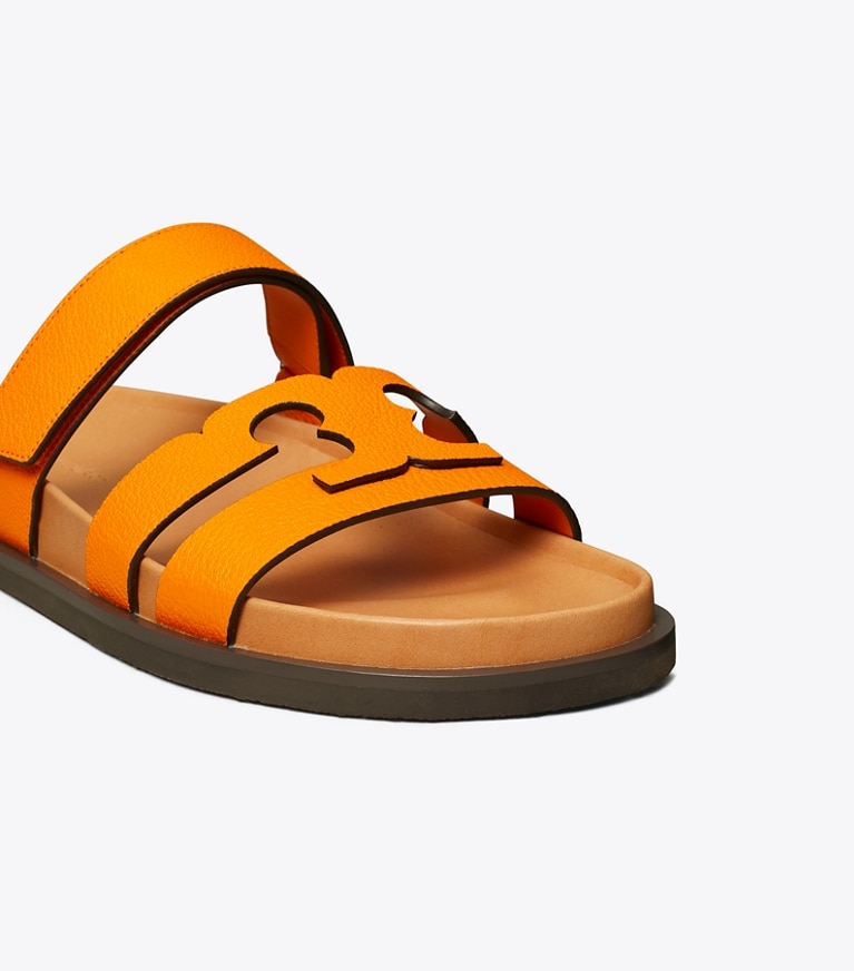 Tory Burch designer sandals Ines Sport Slide in VERANO ORANGE / CAMELLO angle