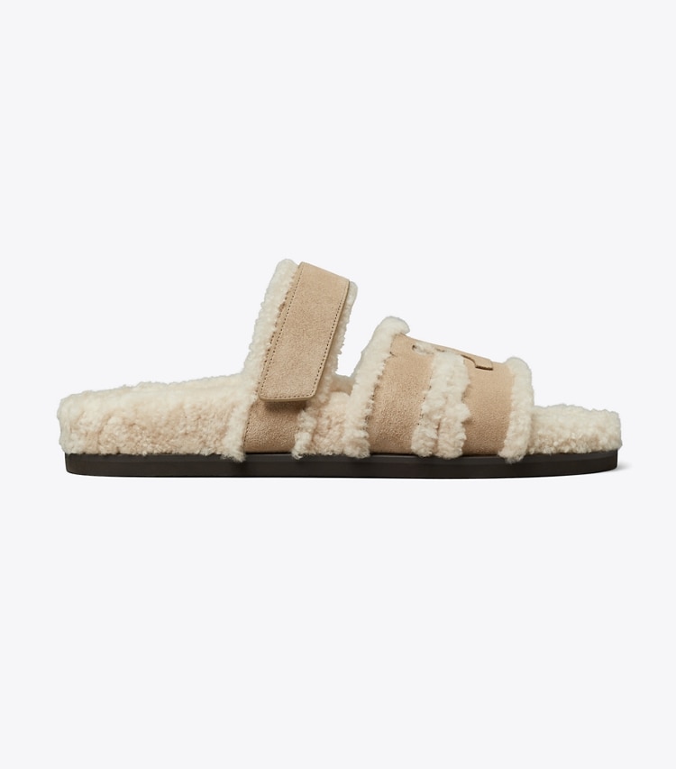 Tory Burch designer sandalen Ines Sportslide aus Lammfell in NOISETTE / TAUPE side