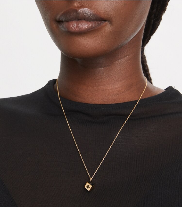 Tory Burch designer necklaces Initial Pendant Necklace in E - Tory Gold / Black accessory on model
