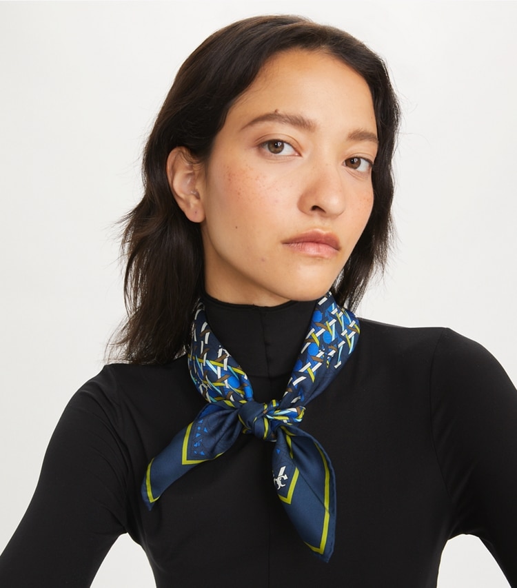 Tory Burch designer scarves Ink Basketweave Neckerchief in Ink Basketweave Navy accessory on model