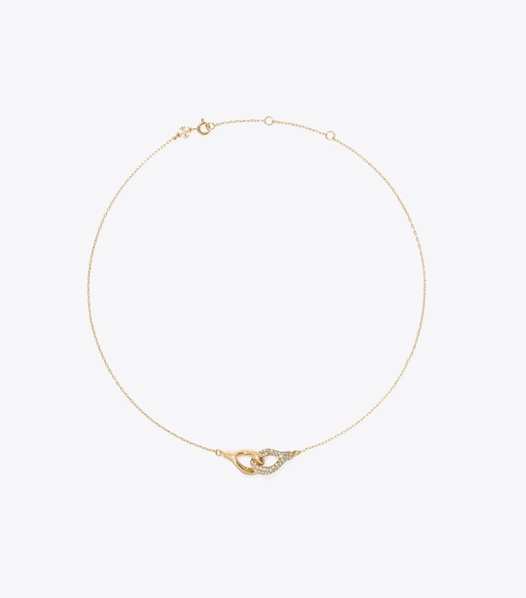 Tory Burch designer necklaces Interlocking Wishbone Pendant in Tory Gold / Crystal front