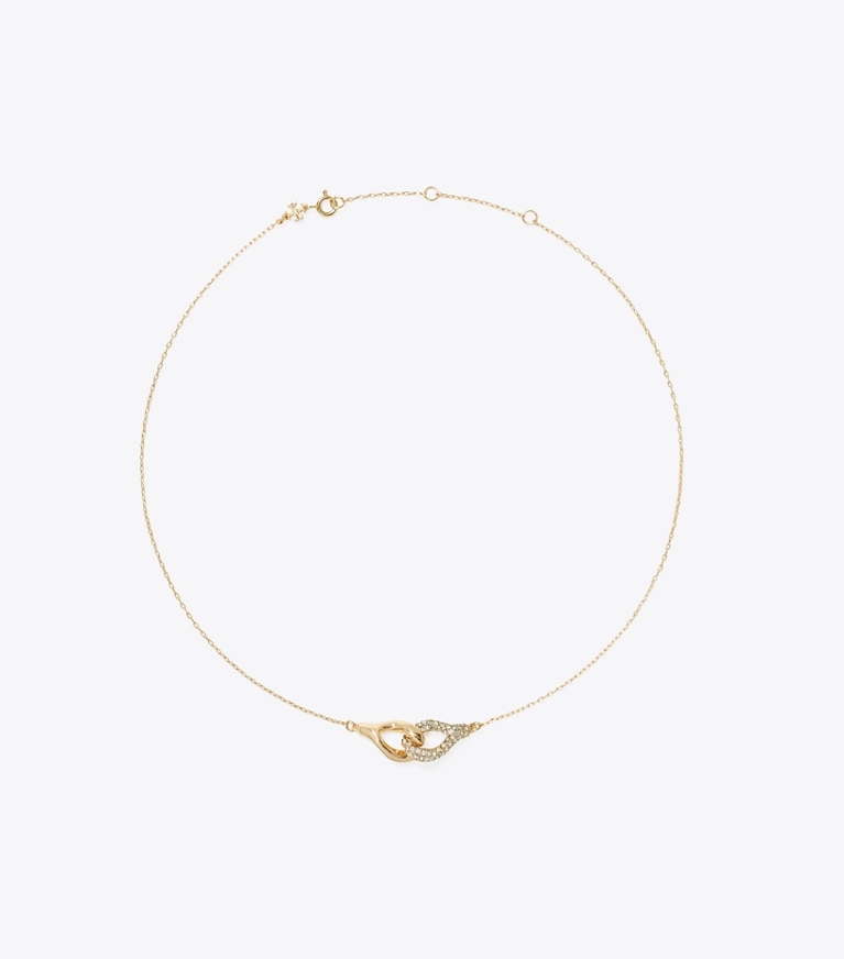 Tory Burch designer necklaces Interlocking Wishbone Pendant in Tory Gold / Crystal front