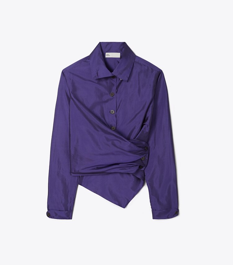 Tory Burch designer tops Iridescent Taffeta Wrap Shirt in Iridescent Aubergine front