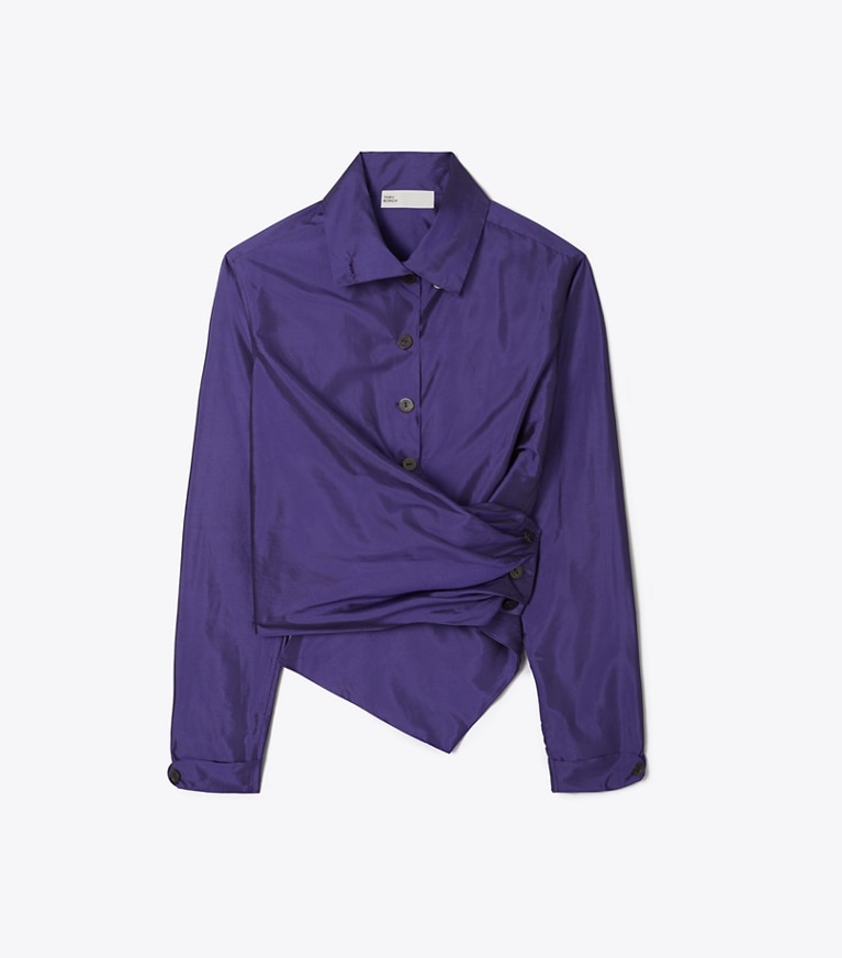Tory Burch designer tops Iridescent Taffeta Wrap Shirt in Iridescent Aubergine front