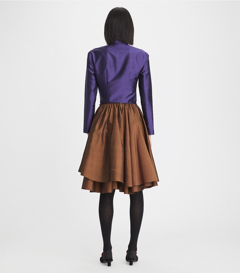 Tory Burch designer tops Iridescent Taffeta Wrap Shirt in Iridescent Aubergine front