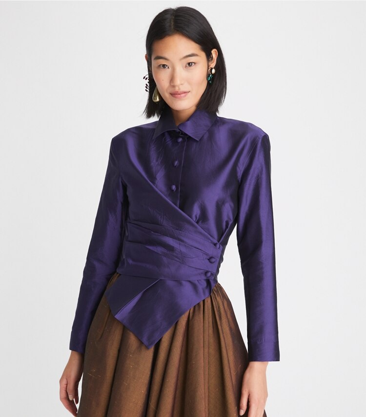Tory Burch designer tops Iridescent Taffeta Wrap Shirt in Iridescent Aubergine on model detail