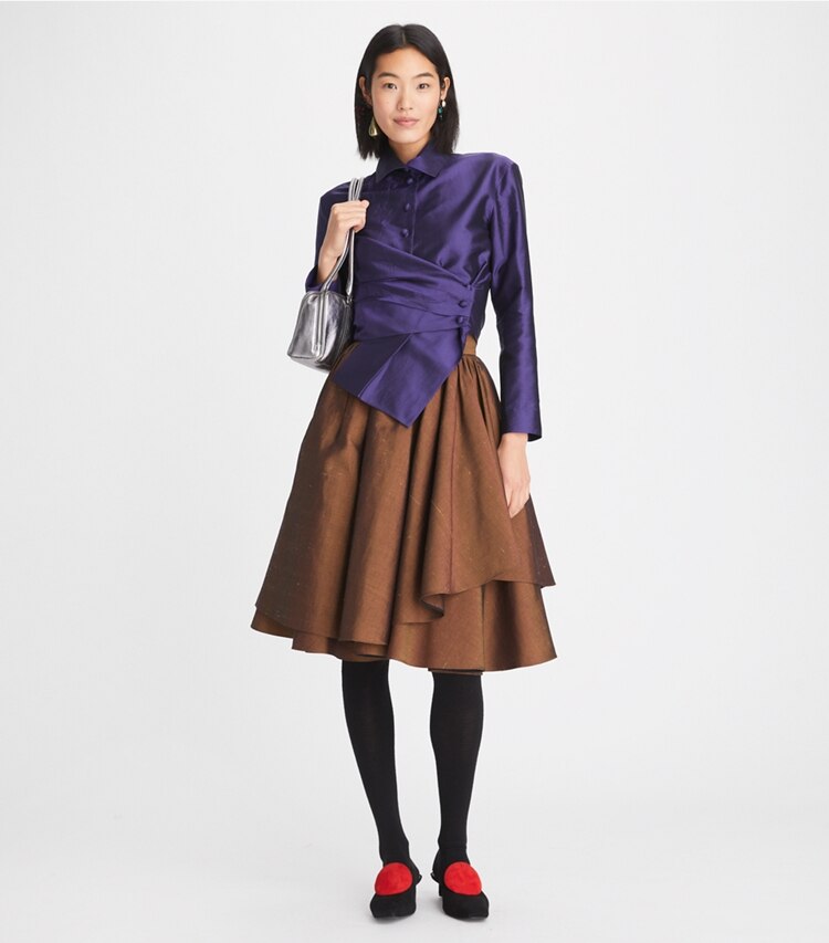 Tory Burch designer tops Iridescent Taffeta Wrap Shirt in Iridescent Aubergine on model front