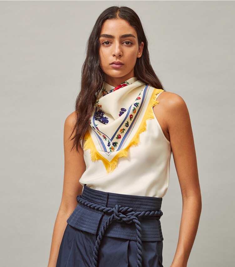 Tory Burch designer scarves Ivory Tea Rose Silk Square Scarf in New Ivory accessory on model