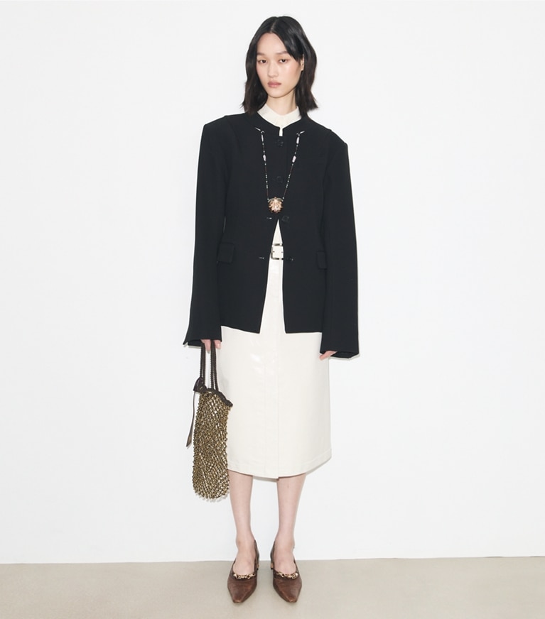 Tory Burch designer jacken Jacke aus Viskose- und Baumwollcrêpe in BLACK modell von vorn