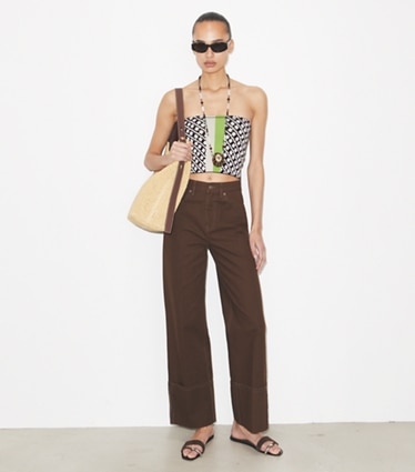 Tory Burch designer tops Jacquard Bandeau Top in Ivory / Dark Red / Green additional on model