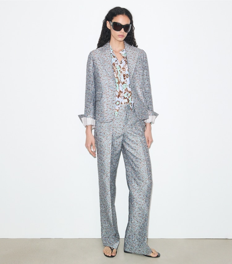Tory Burch designer jackets Jacquard Blazer in Blue Floral on model front