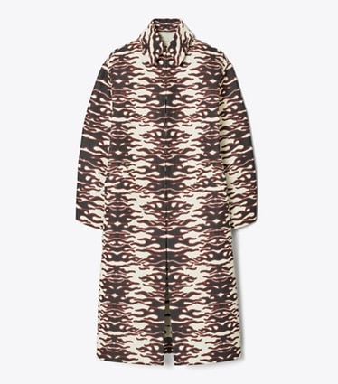 Tory Burch designer coats Jacquard Coat in Black/Red Flame Chenille Jacquard front